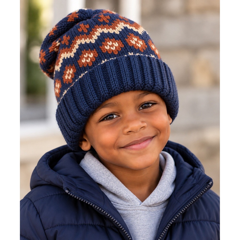 Members Mark Boys Nordic Fair Isle Thick Ribbed Knit Cuffed Beanie Hat OS Blue